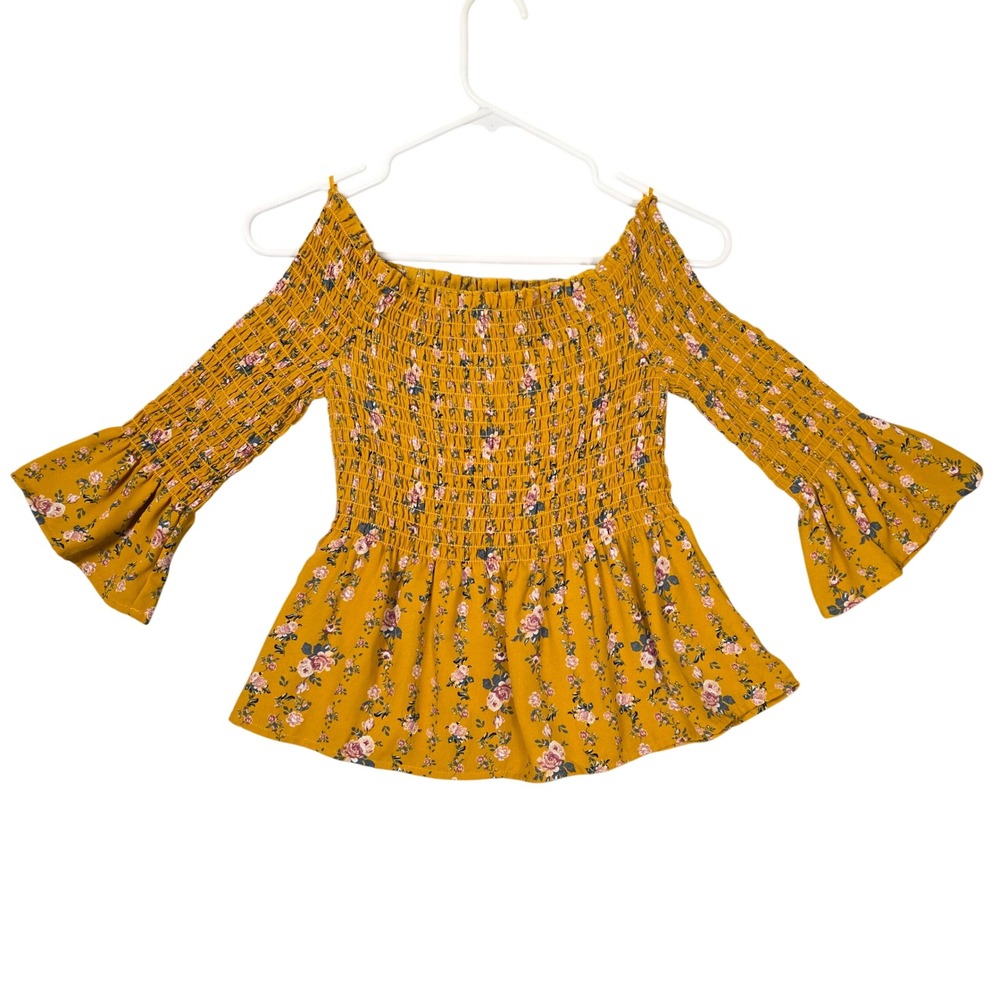 Freshman Floral Smocked‎ Off-Shoulder Top Yellow Bell Sleeves Girl's M 8/10